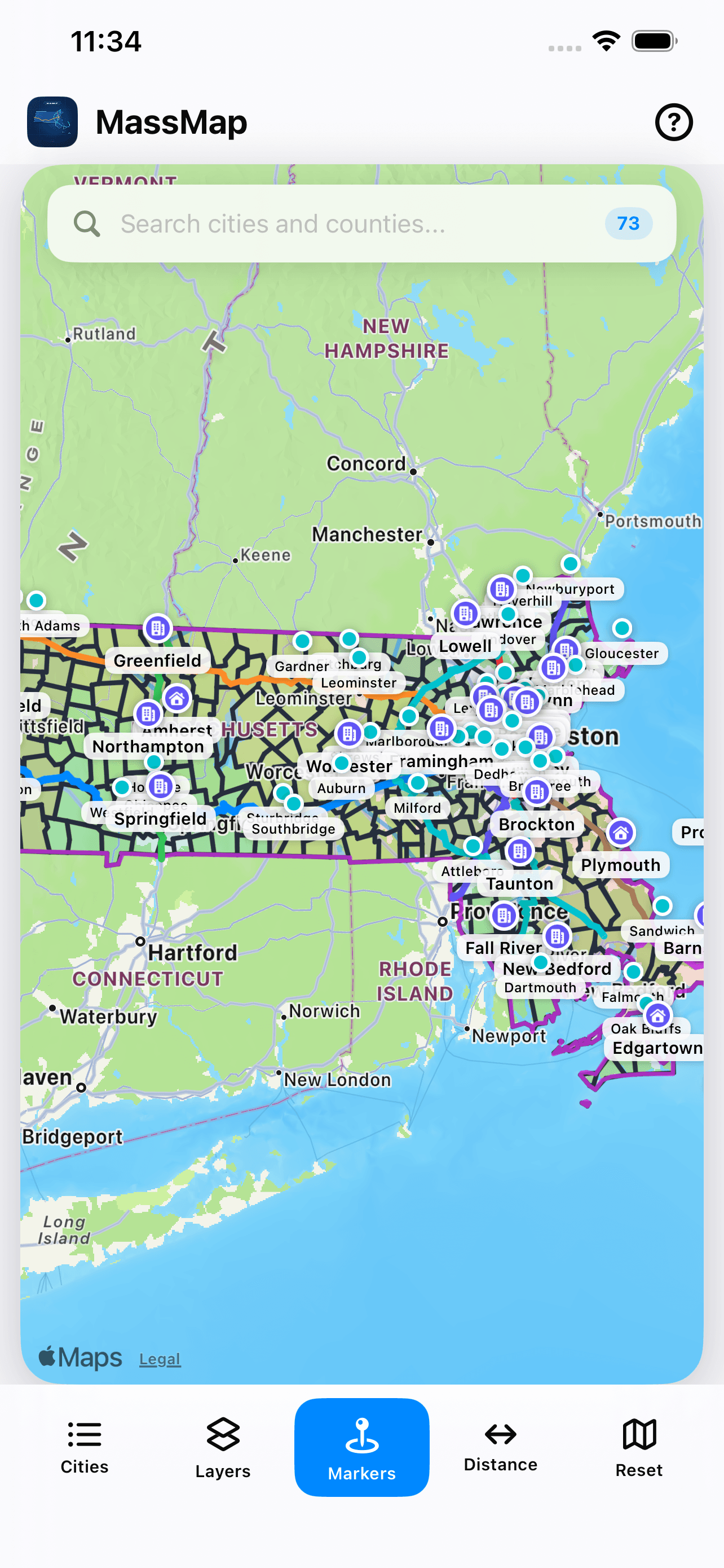 MassMap iPhone screen showing Massachusetts towns